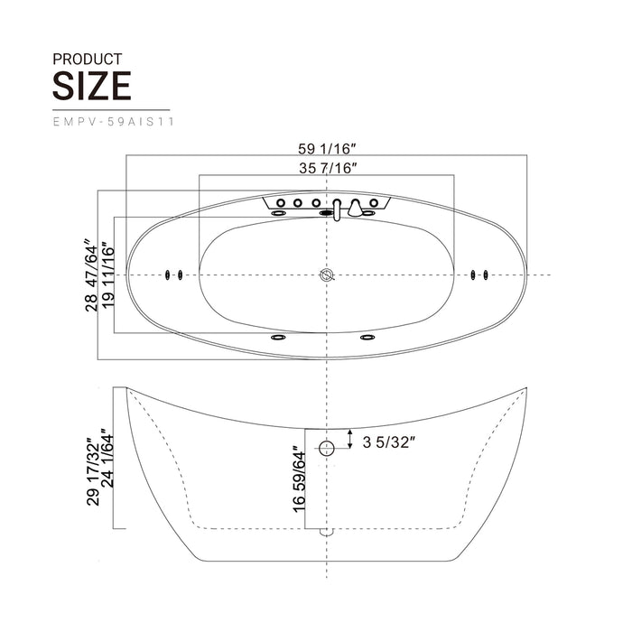 59" Freestanding Boat-shaped Whirlpool Bathtub with Center Drain - EMPV-59AIS11