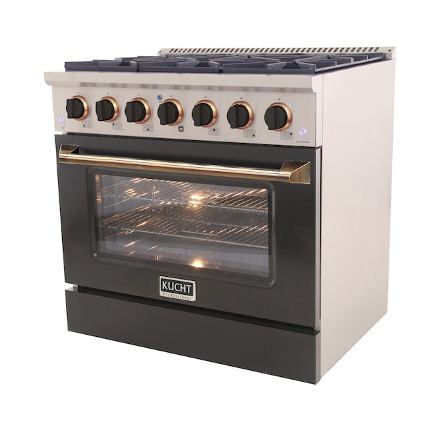Kucht 36" Pro-Style Natural Gas Dual Fuel Range in Black with Gold Accents, KDF362-K-GOLD