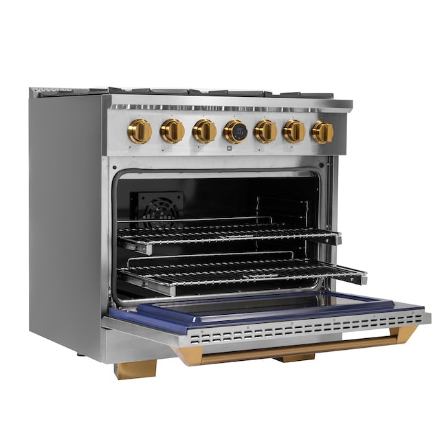 Kucht 36" 5.2 cu. ft. 6 Burner Natural Gas Dual Fuel Range in Stainless Steel with Gold Accents and Digital Thermostat - KXP36-GL