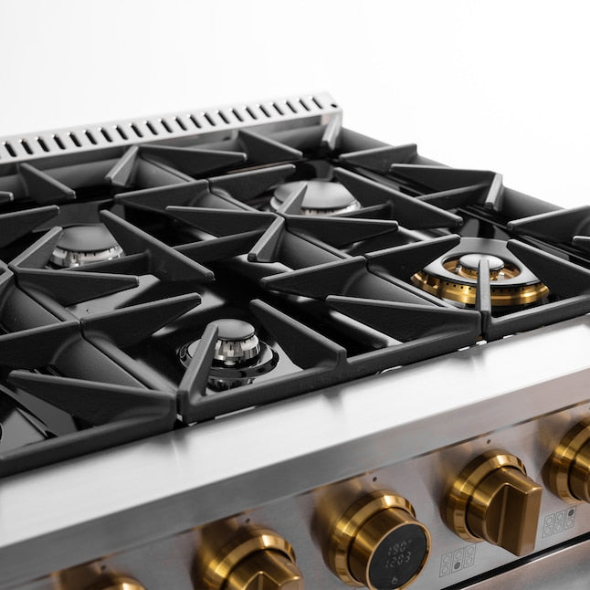 Kucht 36" 5.2 cu. ft. 6 Burner Natural Gas Dual Fuel Range in Stainless Steel with Gold Accents and Digital Thermostat - KXP36-GL