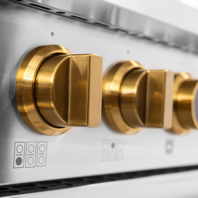 Kucht 36" 5.2 cu. ft. 6 Burner Natural Gas Dual Fuel Range in Stainless Steel with Gold Accents and Digital Thermostat - KXP36-GL