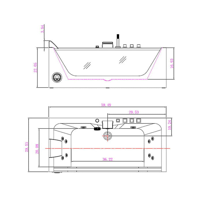 59" Alcove LED Whirlpool Bathtub with Center Drain - EMPV-59JT408LED