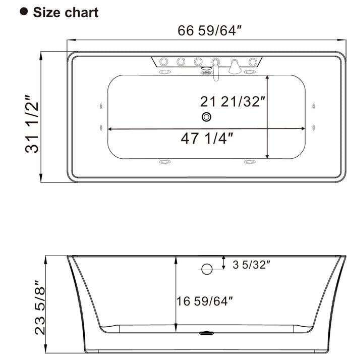 67" Freestanding Rectangle Whirlpool Bathtub with Center Drain - EMPV-67AIS16