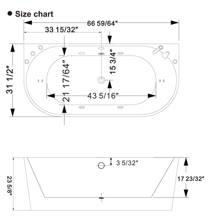67" Freestanding Hydro Massage Whirlpool Bathtub with Center Drain - EMPV-67AIS07
