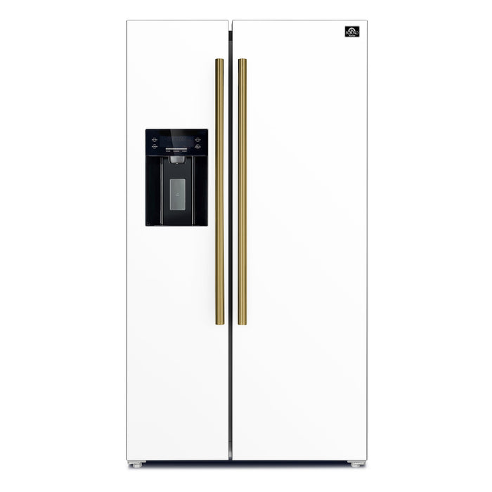 Forno Espresso 36" 20 Cu. Ft. Side-By-Side Refrigerator with Water and Ice Dispenser in White with Antique Brass Handles, FFRBI1844-36WHT