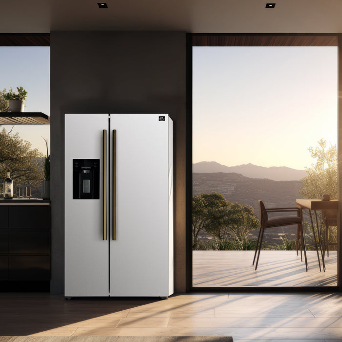 Forno Espresso 36" 20 Cu. Ft. Side-By-Side Refrigerator with Water and Ice Dispenser in White with Antique Brass Handles, FFRBI1844-36WHT