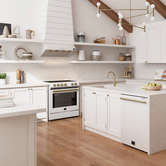 Forno Espresso 24" Built-In Dishwasher in White with Antique Brass Handles, FDWBI8067-24WHT