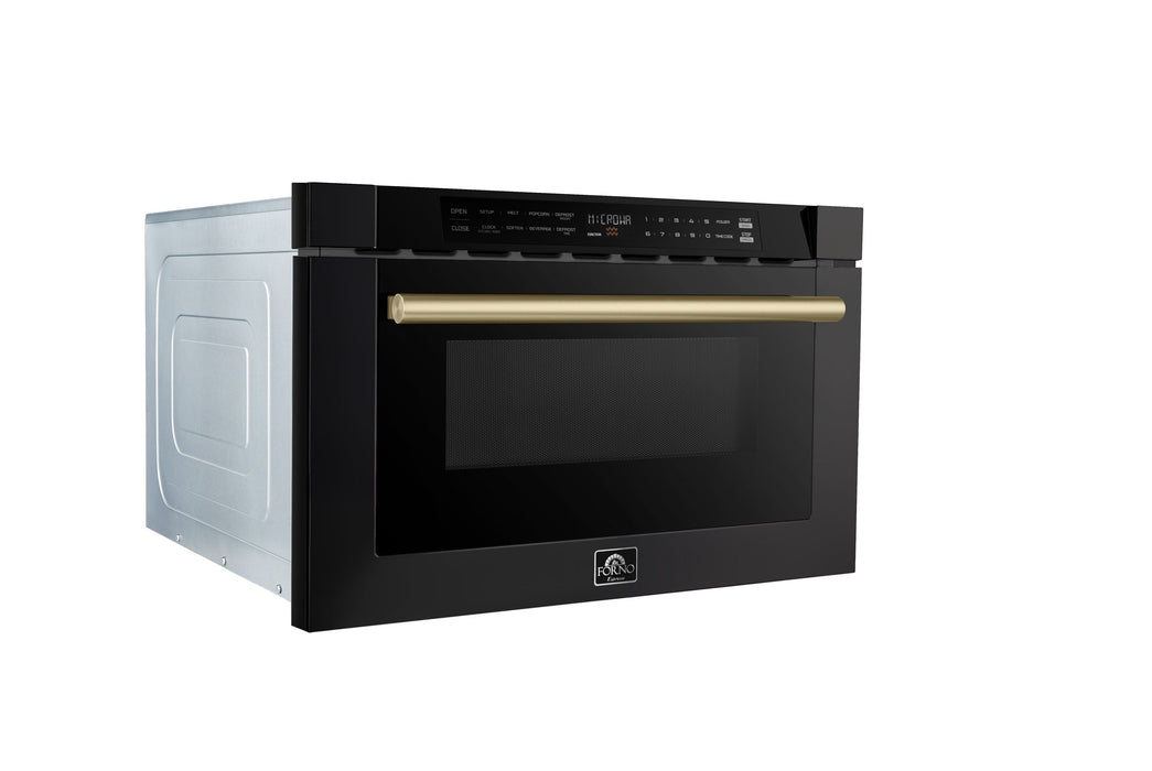 Forno Espresso 24" Built-In Microwave Drawer in Black with Antique Brass Handles, FMWDR3000-24BLK