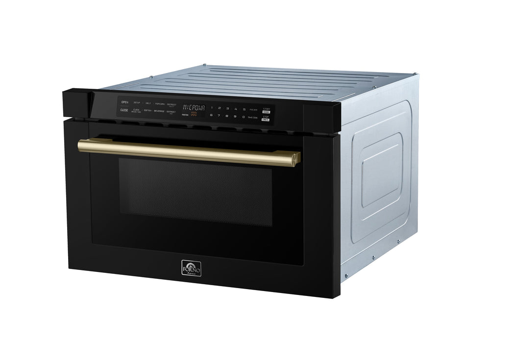 Forno Espresso 24" Built-In Microwave Drawer in Black with Antique Brass Handles, FMWDR3000-24BLK