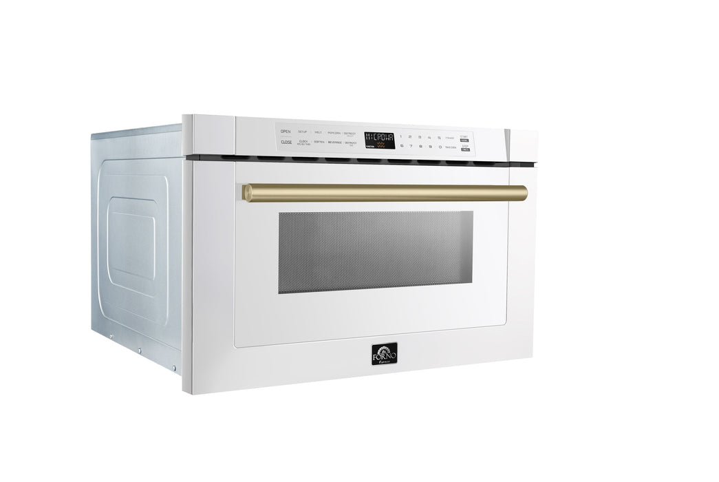 Forno Espresso 24" Built-In Microwave Drawer in White with Antique Brass Handles, FMWDR3000-24WHT