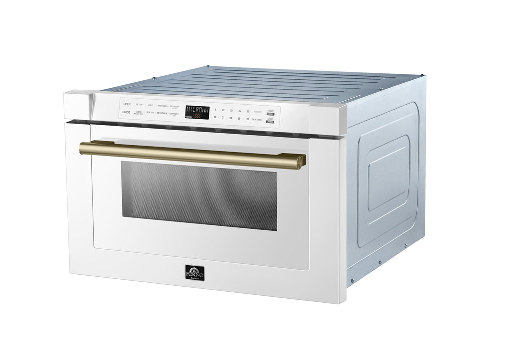 Forno Espresso 24" Built-In Microwave Drawer in White with Antique Brass Handles, FMWDR3000-24WHT
