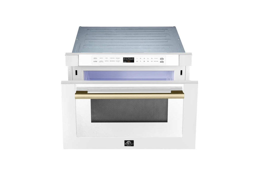 Forno Espresso 24" Built-In Microwave Drawer in White with Antique Brass Handles, FMWDR3000-24WHT