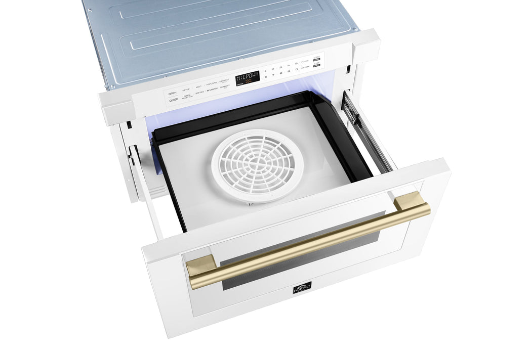Forno Espresso 24" Built-In Microwave Drawer in White with Antique Brass Handles, FMWDR3000-24WHT