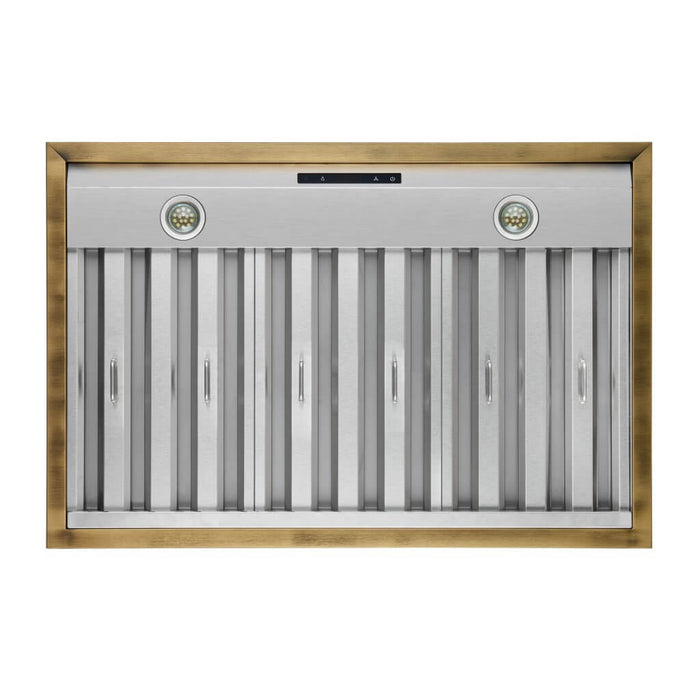 Forno Espresso 36" 600 CFM Wall Mount Range Hood in Black and Antique Brass Trim with Remote Control, FRHWM5078-36BLK