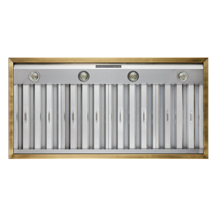 Forno Espresso 48" 600 CFM Wall Mount Range Hood in Black and Antique Brass Trim with Remote Control, FRHWM5078-48BLK