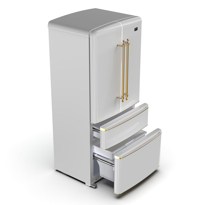 Forno Luigi 33" 18 cu. ft. French Door Refrigerator in White with Antique Brass Handles, FFFFD1791-33WHT