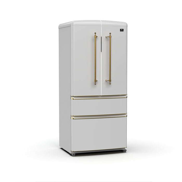 Forno Luigi 33" 18 cu. ft. French Door Refrigerator in White with Antique Brass Handles, FFFFD1791-33WHT