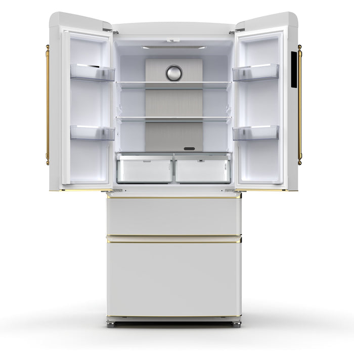 Forno Luigi 33" 18 cu. ft. French Door Refrigerator in White with Antique Brass Handles, FFFFD1791-33WHT