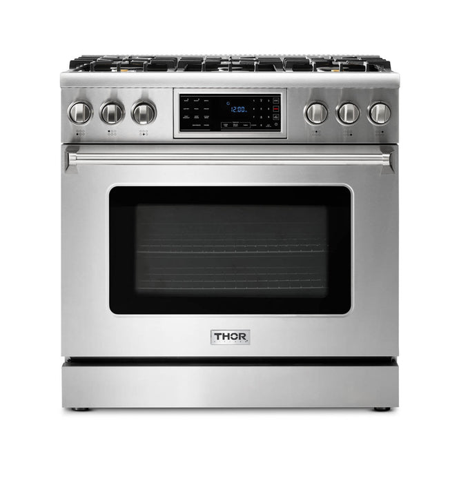 Thor Kitchen 2-Piece Appliance Package - 36-Inch Gas Range with Tilt Panel & Premium Wall Mount Hood in Stainless Steel