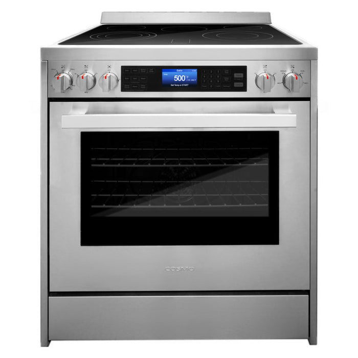 Cosmo Package - 30" Electric Range, Wall Mount Range Hood, Dishwasher, Refrigerator with Ice Maker and Wine Cooler, COS-5PKG-021