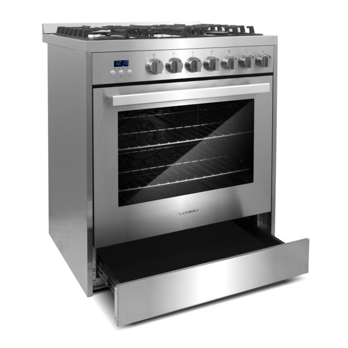 Cosmo 30" 5.0 cu. ft. Single Oven Gas Range with 5 Burner Cooktop and Heavy Duty Cast Iron Grates in Stainless Steel, COS-305AGC