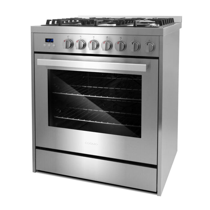 Cosmo 30" 5.0 cu. ft. Single Oven Gas Range with 5 Burner Cooktop and Heavy Duty Cast Iron Grates in Stainless Steel, COS-305AGC