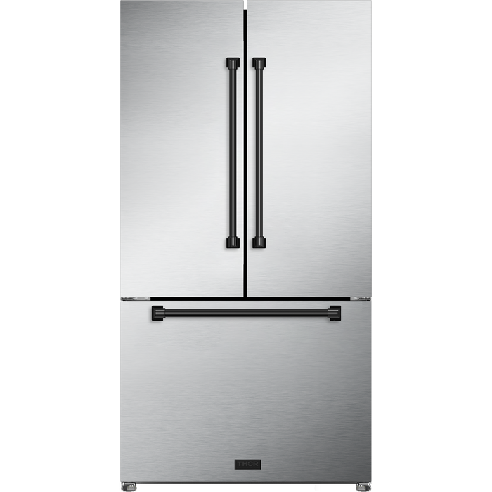 Thor Kitchen Gordon Ramsay 3-Piece Appliance Package - 36-Inch Gas Range with Tilt Panel, Refrigerator, and Dishwasher in Stainless Steel with Black Trim