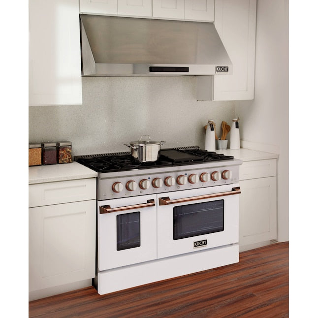 Kucht 48" Pro-Style Propane Gas Dual Fuel Range in White with Gold Accents, KDF482/LP-W-GOLD