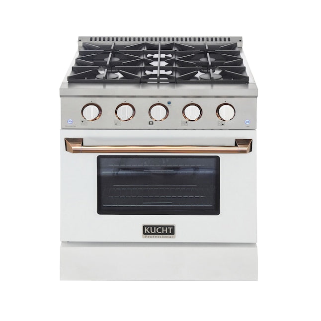 Kucht Professional 30" 4.2 cu ft. Propane Gas Range in White with Gold Accents, KNG301/LP-W-GOLD