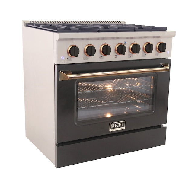 Kucht 36" Pro-Style Natural Gas Dual Fuel Range in Black with Gold Accents, KDF362-K-GOLD