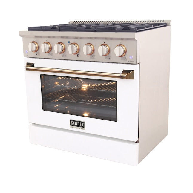 Kucht 36" Pro-Style Natural Gas Dual Fuel Range in White with Gold Accents, KDF362-W-GOLD