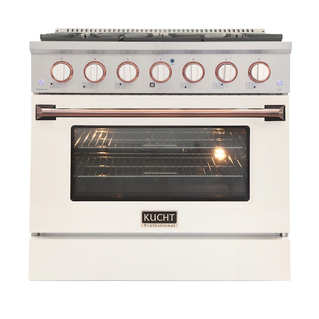 Kucht 36" Pro-Style Natural Gas Dual Fuel Range in White with Rose Gold Accents, KDF362-W-ROSE