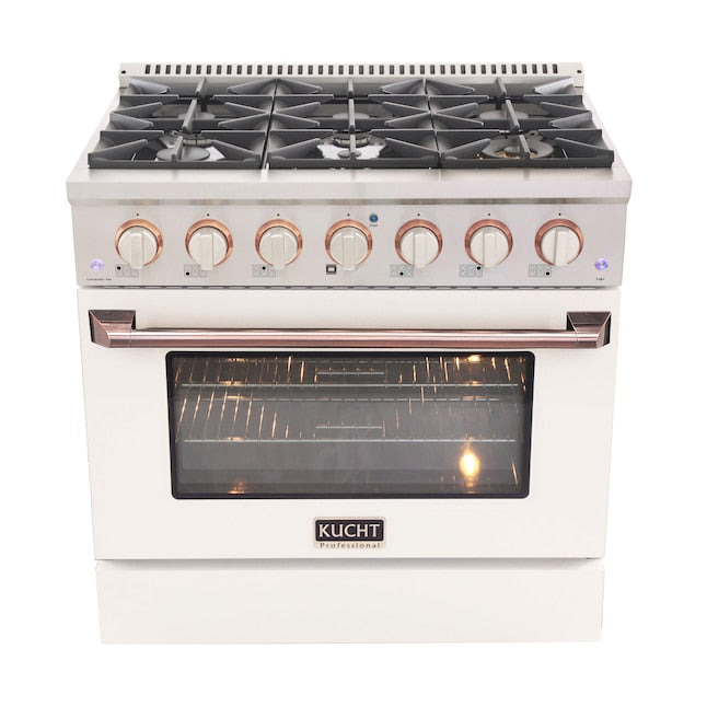 Kucht 36" Pro-Style Natural Gas Dual Fuel Range in White with Rose Gold Accents, KDF362-W-ROSE