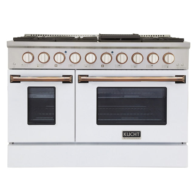 Kucht 48" Pro-Style Propane Gas Dual Fuel Range in White with Gold Accents, KDF482/LP-W-GOLD