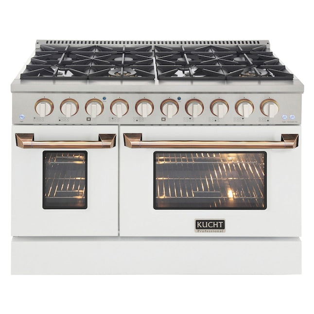 Kucht 48" Pro-Style Propane Gas Dual Fuel Range in White with Gold Accents, KDF482/LP-W-GOLD