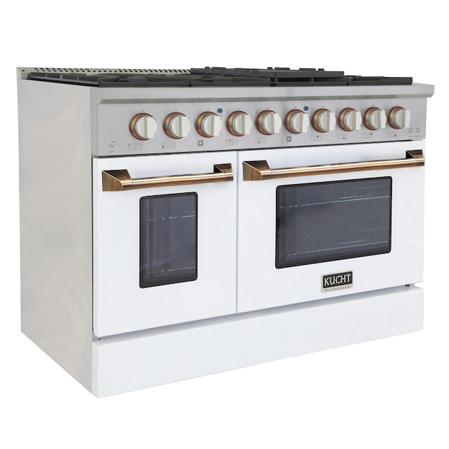 Kucht 48" Pro-Style Natural Gas Dual Fuel Range in White with Gold Accents, KDF482-W-GOLD