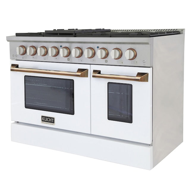 Kucht 48" Pro-Style Natural Gas Dual Fuel Range in White with Gold Accents, KDF482-W-GOLD