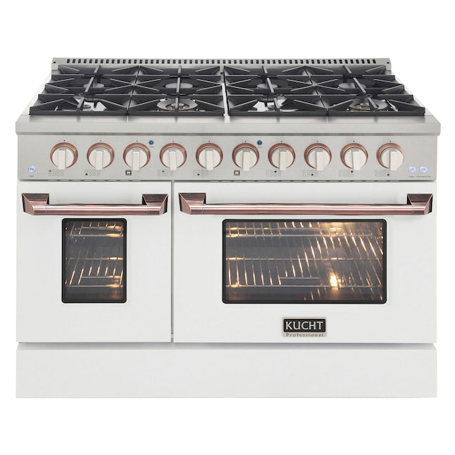 Kucht 48" Pro-Style Propane Gas Dual Fuel Range in White with Rose Gold Accents, KDF482/LP-W-ROSE