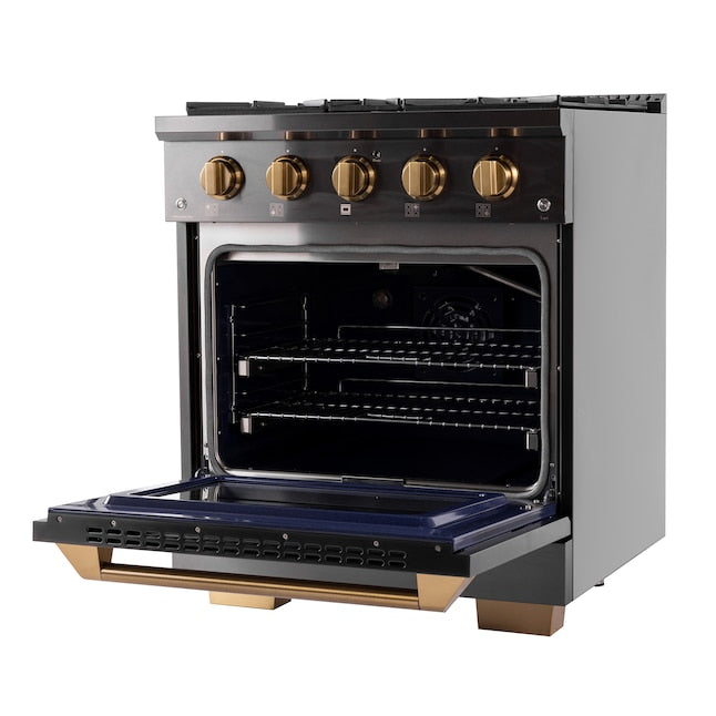 Kucht Gemstone 30" Dual Fuel Propane Gas Range in Titanium Stainless Steel with Gold Accents, KED304/LP