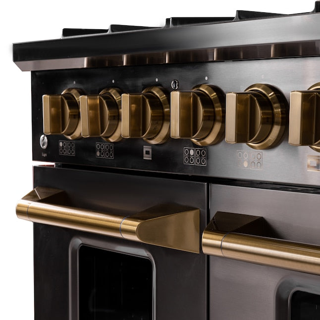 Kucht Gemstone 48" Dual Fuel Propane Gas Range in Titanium Stainless Steel with Gold Accents, KED484/LP