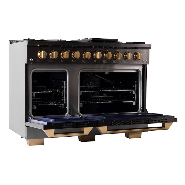 Kucht Gemstone 48" Dual Fuel Propane Gas Range in Titanium Stainless Steel with Gold Accents, KED484/LP