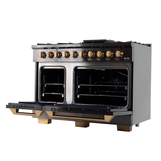 Kucht Gemstone 48" Dual Fuel Propane Gas Range in Titanium Stainless Steel with Gold Accents, KED484/LP