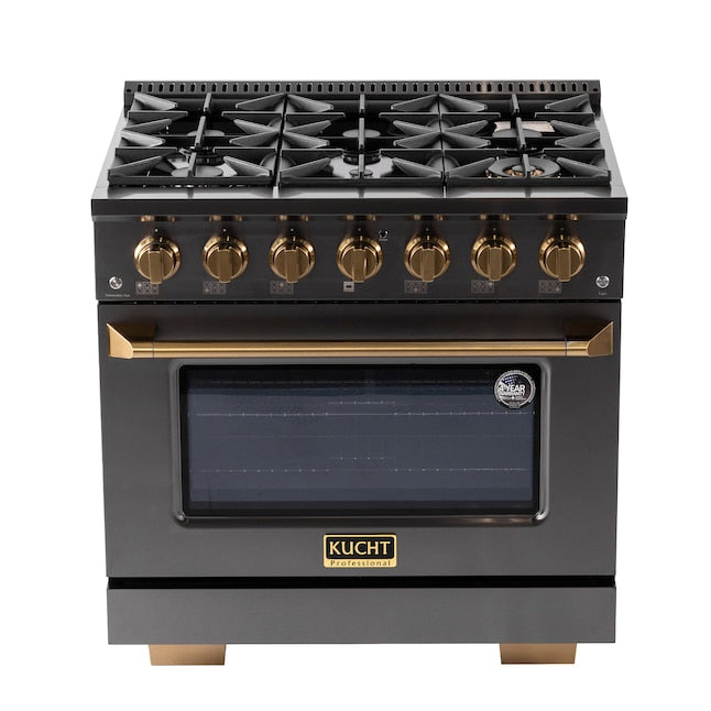 Kucht Gemstone 36" Dual Fuel Propane Gas Range in Titanium Stainless Steel with Gold Accents, KED364/LP