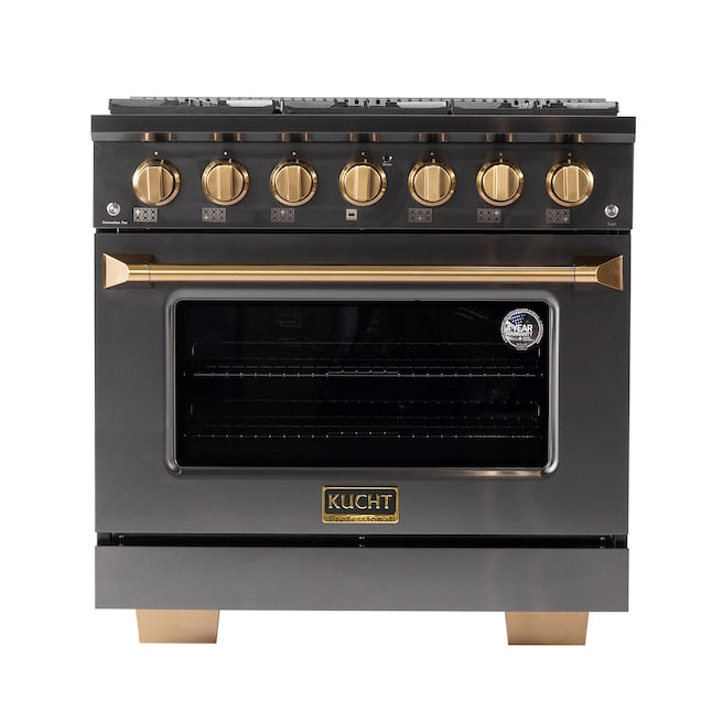 Kucht Gemstone 36" Dual Fuel Propane Gas Range in Titanium Stainless Steel with Gold Accents, KED364/LP