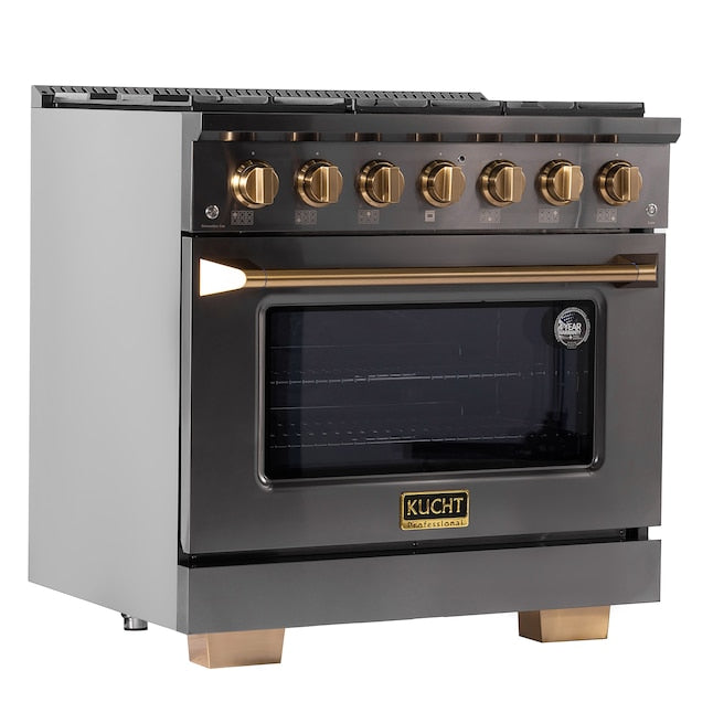 Kucht Gemstone 36" Dual Fuel Propane Gas Range in Titanium Stainless Steel with Gold Accents, KED364/LP