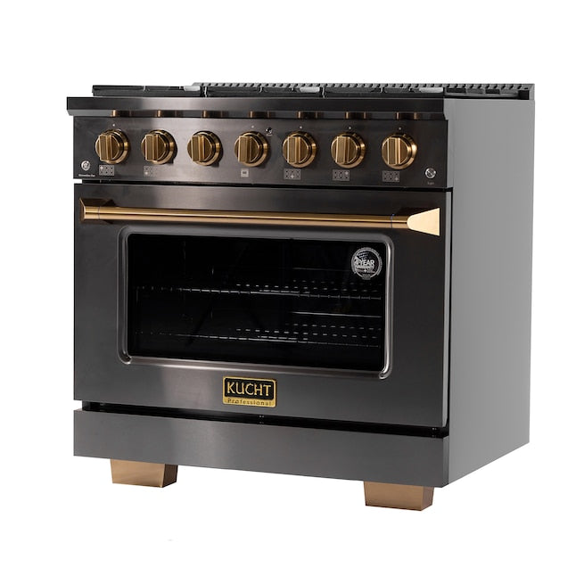 Kucht Gemstone 36" Dual Fuel Propane Gas Range in Titanium Stainless Steel with Gold Accents, KED364/LP