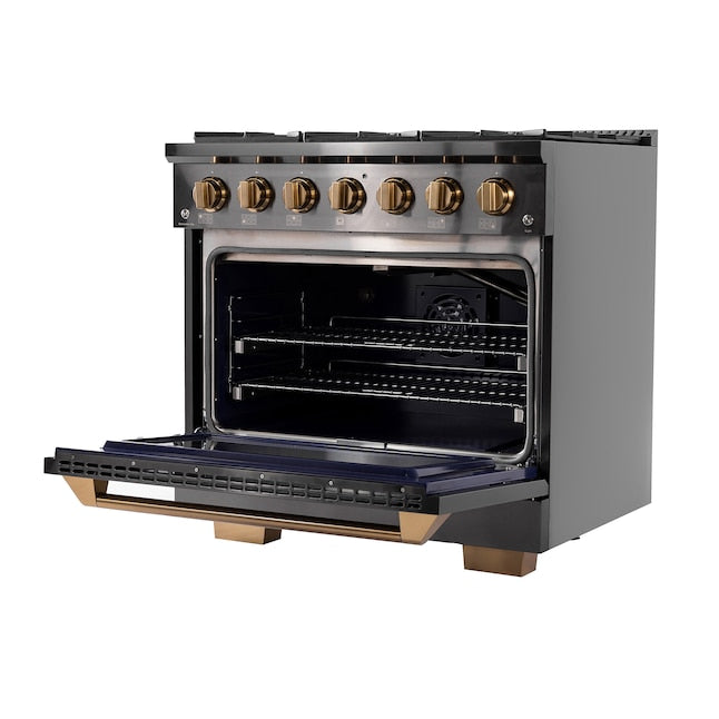 Kucht Gemstone 36" Dual Fuel Propane Gas Range in Titanium Stainless Steel with Gold Accents, KED364/LP