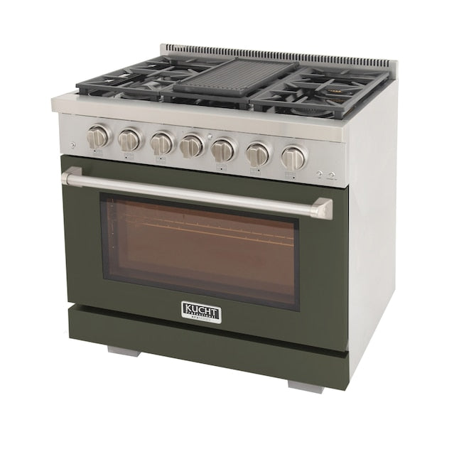 Kucht Professional 36" 5.2 cu. ft. Natural Gas Range in Olive Green with Silver Accents, KFX360-G