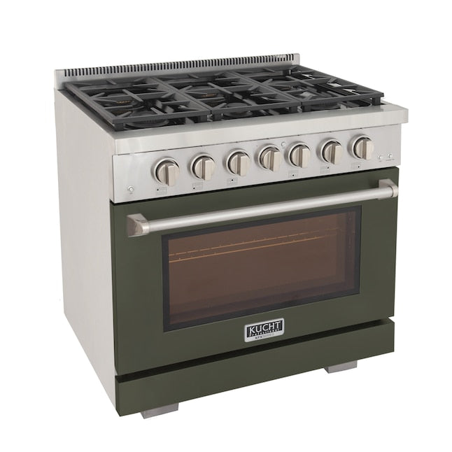 Kucht Professional 36" 5.2 cu. ft. Propane Gas Range in Olive Green with True Simmer Burners, KFX3600X/LP-G