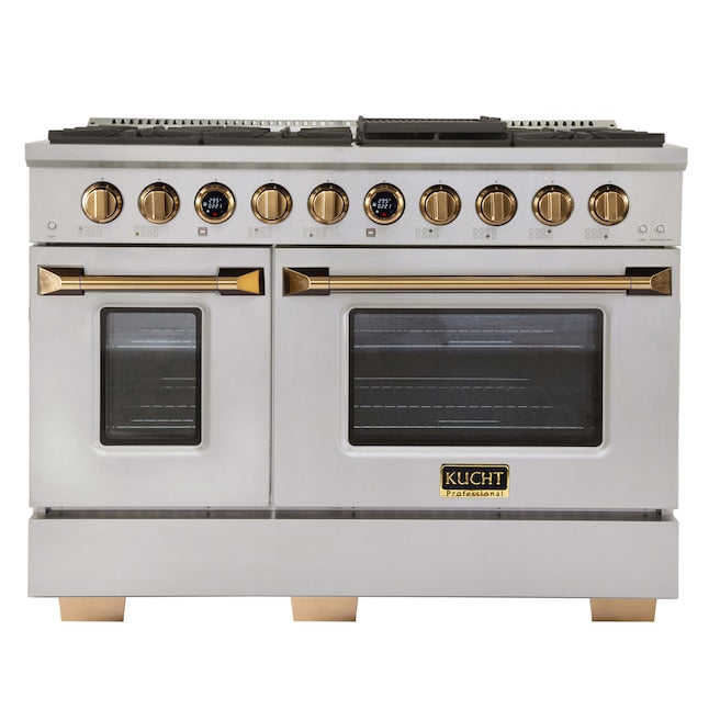 Kucht 48" 6.7 cu. ft. 8 Burner Natural Gas Dual Fuel Range in Stainless Steel with Gold Accents and Digital Thermostat